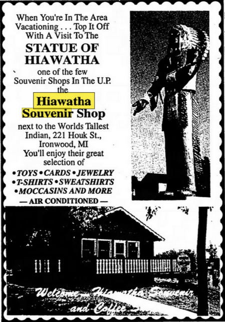 Hiawatha Souvenir and Coffee Shop - Jul 28 1995 Ad